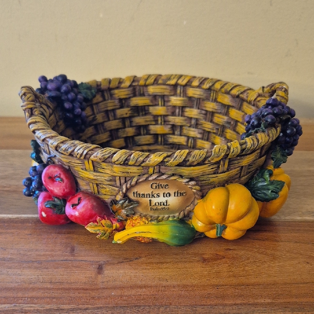 Decorative 6.5" Woven Resin Fall Harvest Basket with Fruit Accents